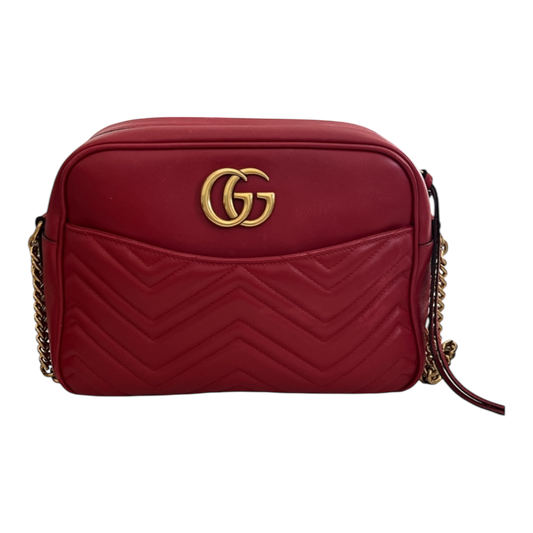 Gucci Marmont Medium Red Matelasse Red Crossbody Camera Bag Purse Chevron