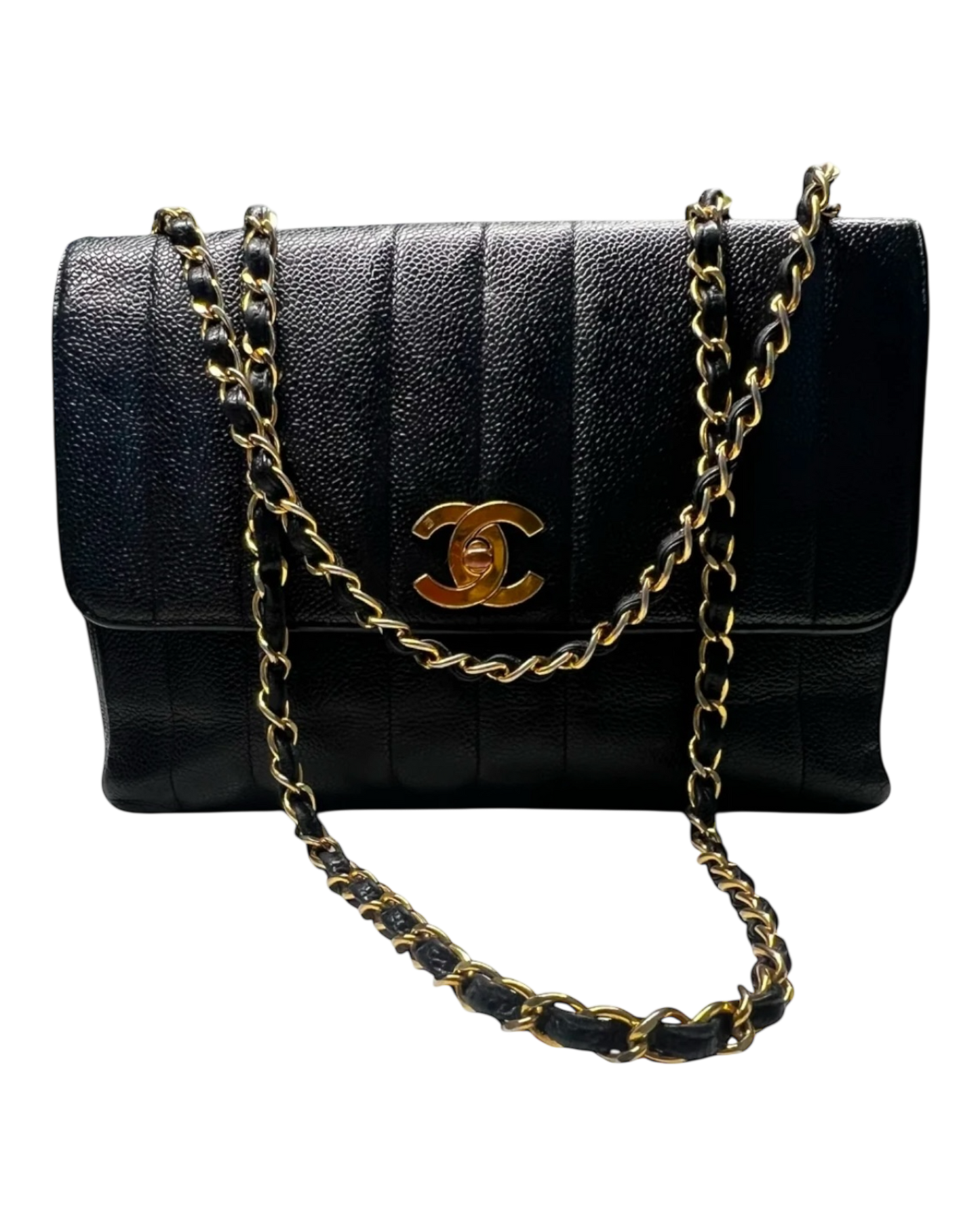 Chanel Straight Flap Mademoiselle Double Chain Bag Black Caviar