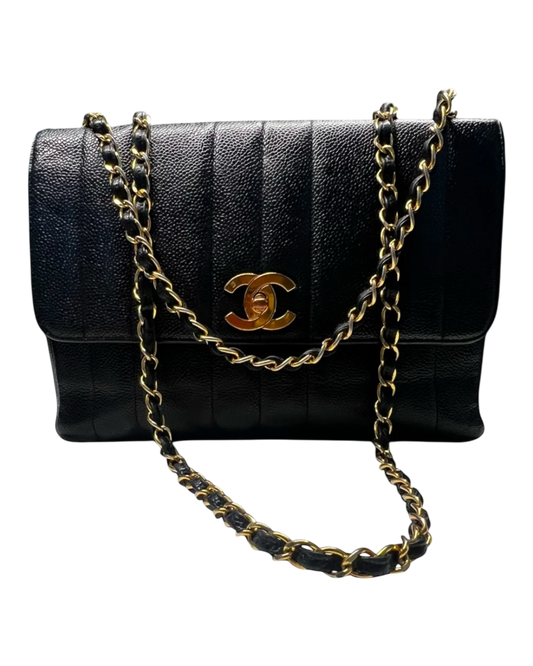 Chanel Straight Flap Mademoiselle Double Chain Bag  Black Caviar