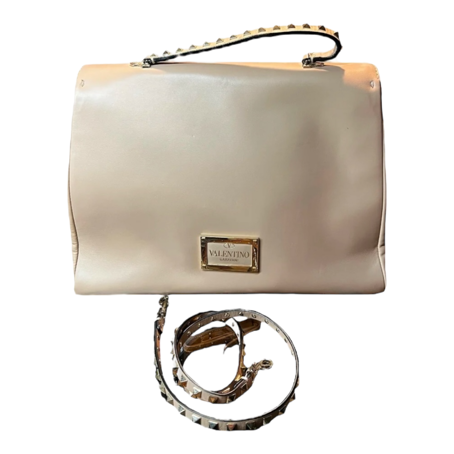 Valentino Beige Leather Rockstud Top Handle Bag