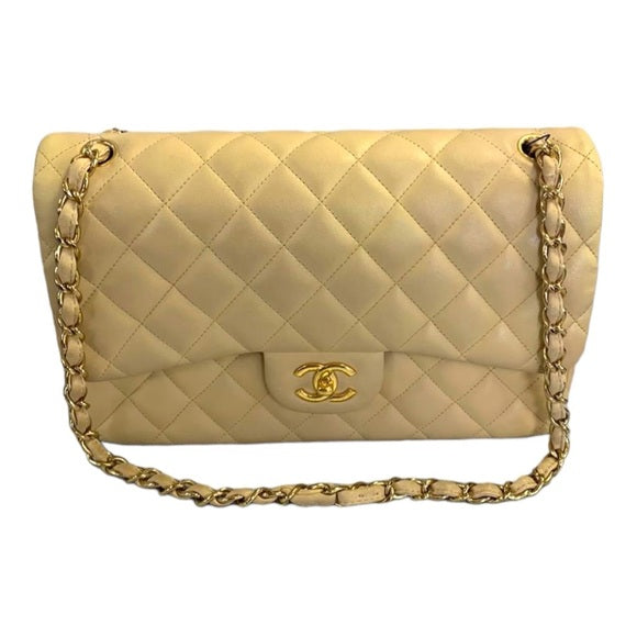 CHANEL Classic Jumbo Double Flap Bag. Beige w/Gold Hardware.
