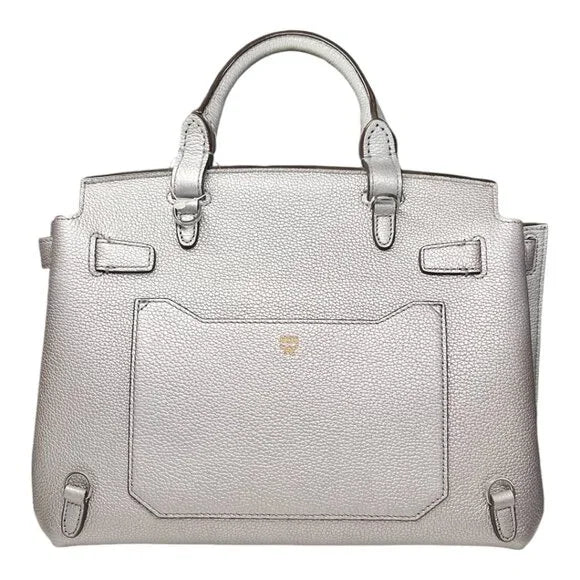 MCM Milla Silver Metallic Leather Shoulder Bag with 2 Backpack Straps