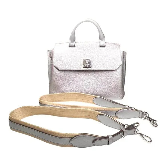 MCM Milla Silver Metallic Leather Shoulder Bag with 2 Backpack Straps