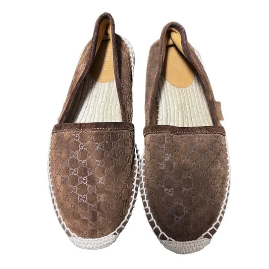 GUCCI Espadrilles Suede Dark Brown Monogram G Logo Print Size 36