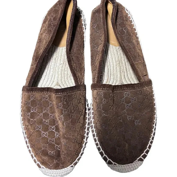 GUCCI Espadrilles Suede Dark Brown Monogram G Logo Print Size 36