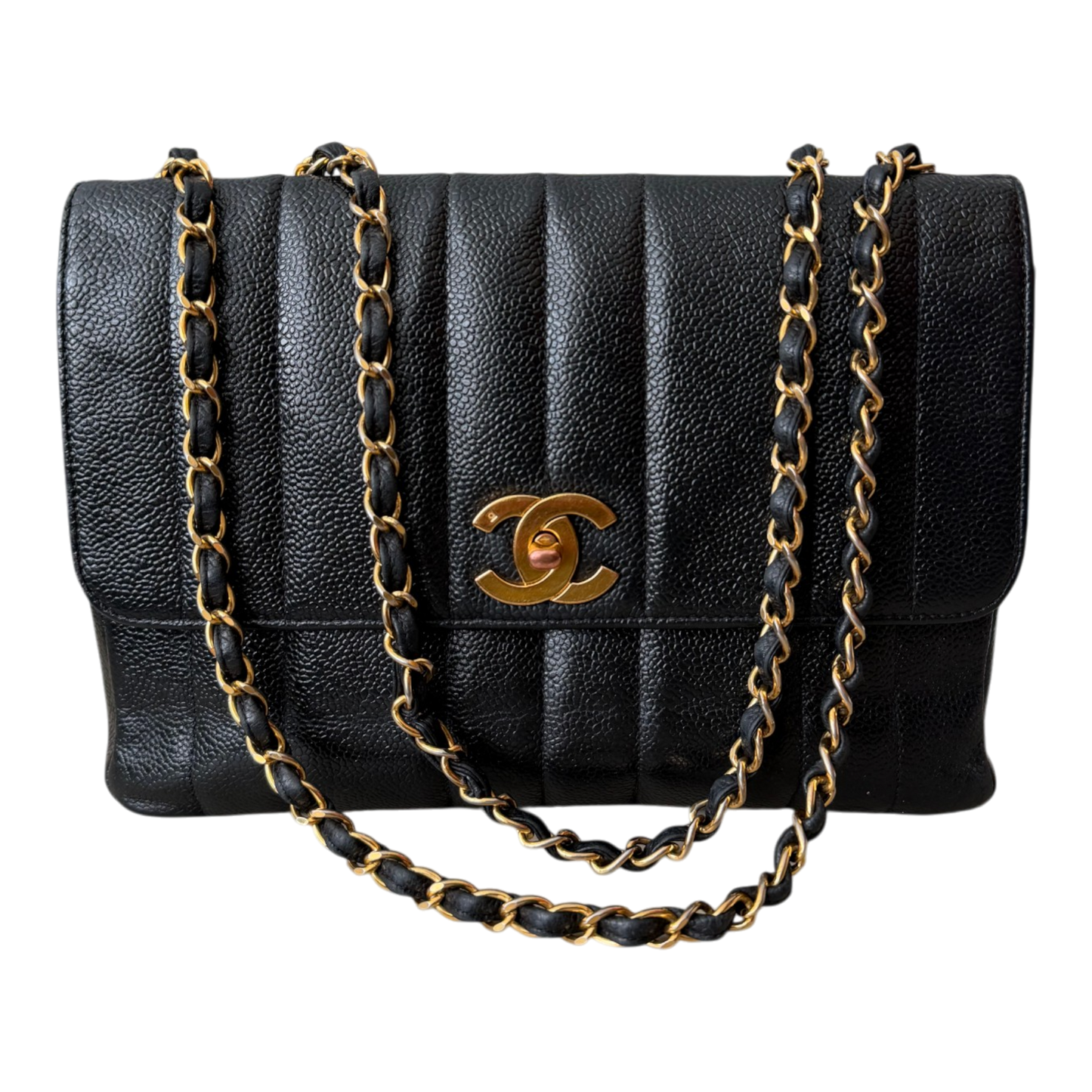 Chanel Straight Flap Mademoiselle Double Chain Bag  Black Caviar