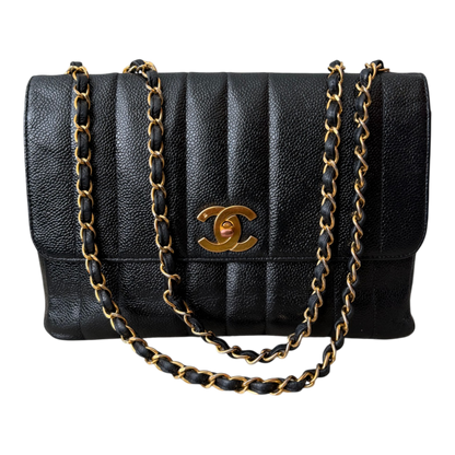 Chanel Straight Flap Mademoiselle Double Chain Bag  Black Caviar