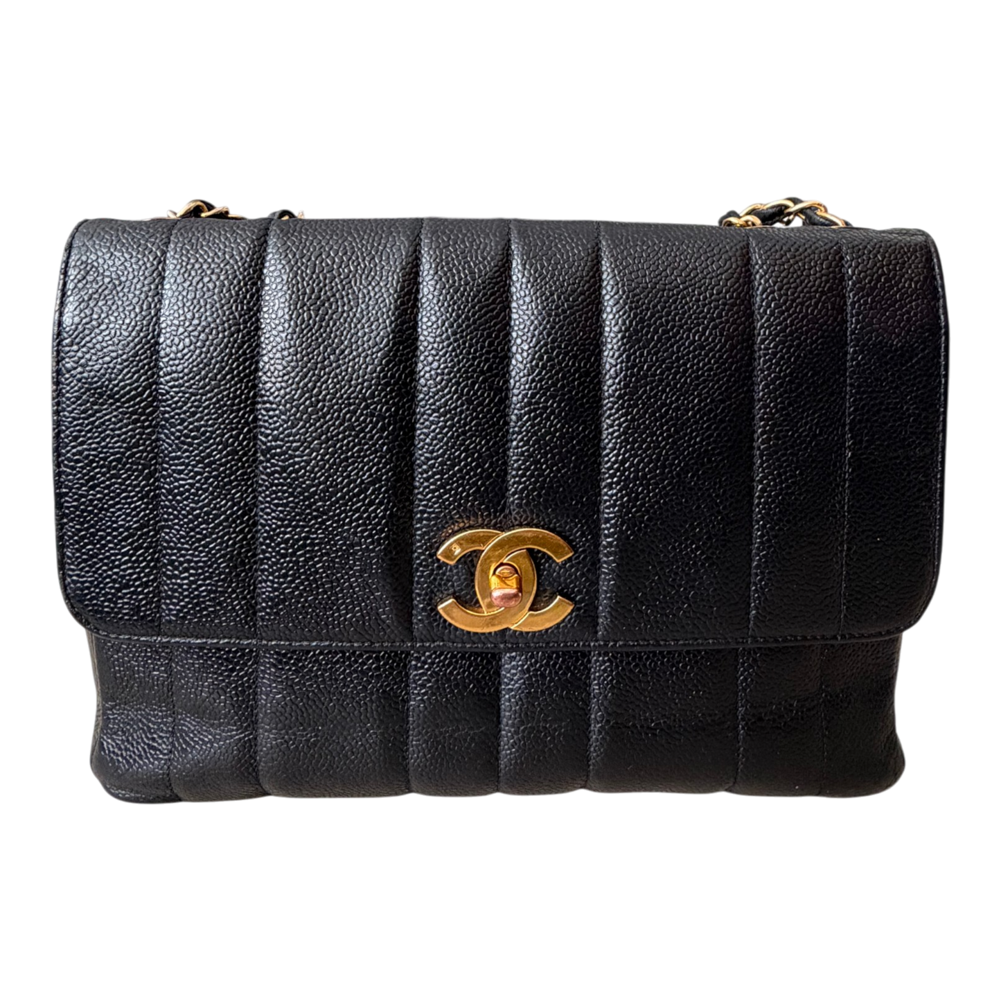 Chanel Straight Flap Mademoiselle Double Chain Bag  Black Caviar