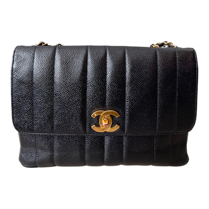 Chanel Straight Flap Mademoiselle Double Chain Bag  Black Caviar