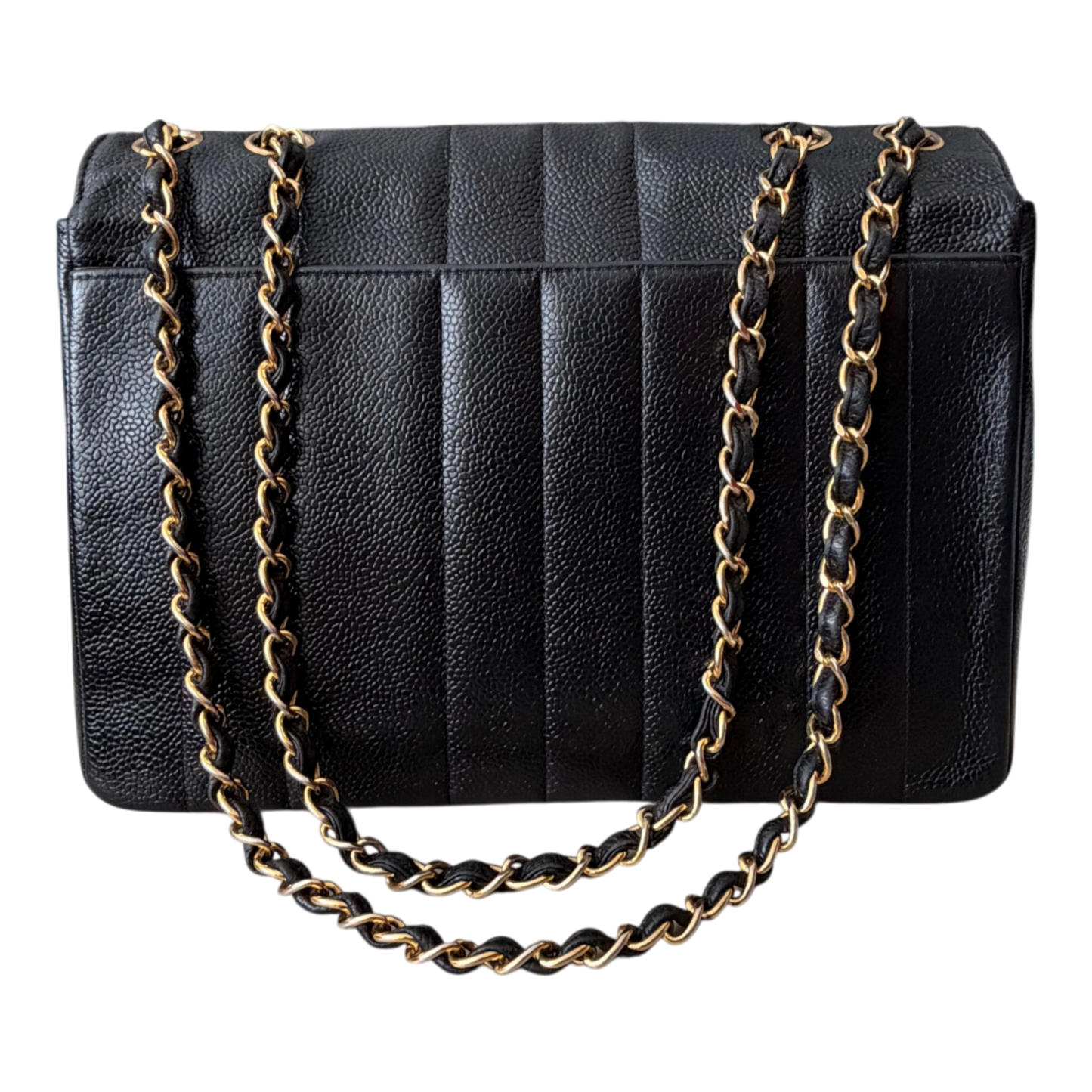 Chanel Straight Flap Mademoiselle Double Chain Bag  Black Caviar