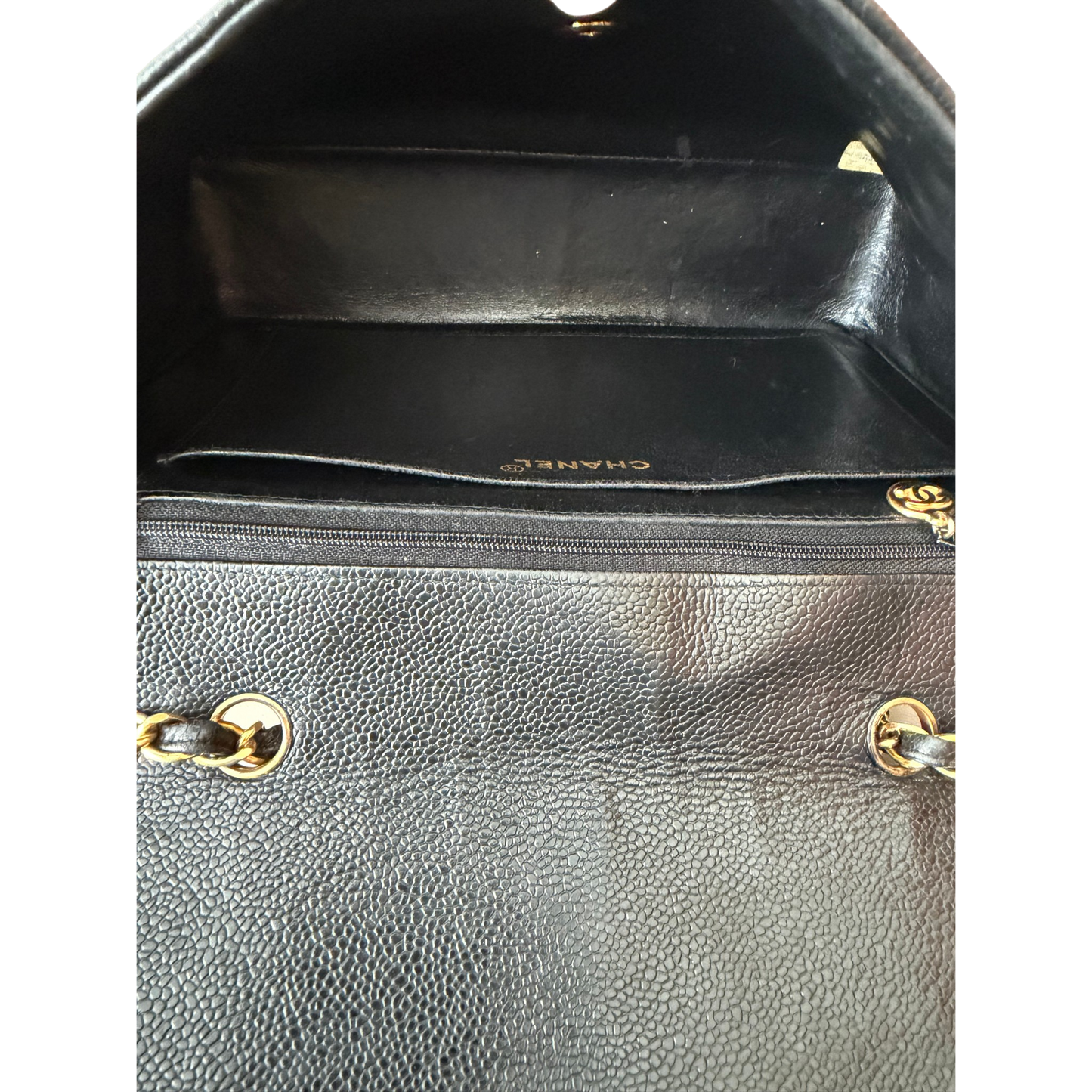 Chanel Straight Flap Mademoiselle Double Chain Bag  Black Caviar