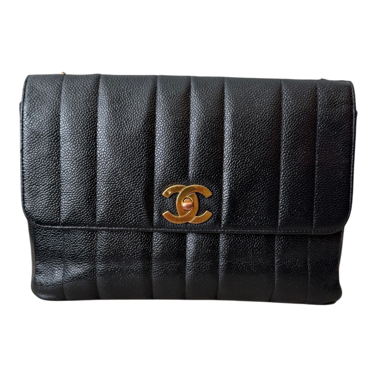 Chanel Straight Flap Mademoiselle Double Chain Bag  Black Caviar