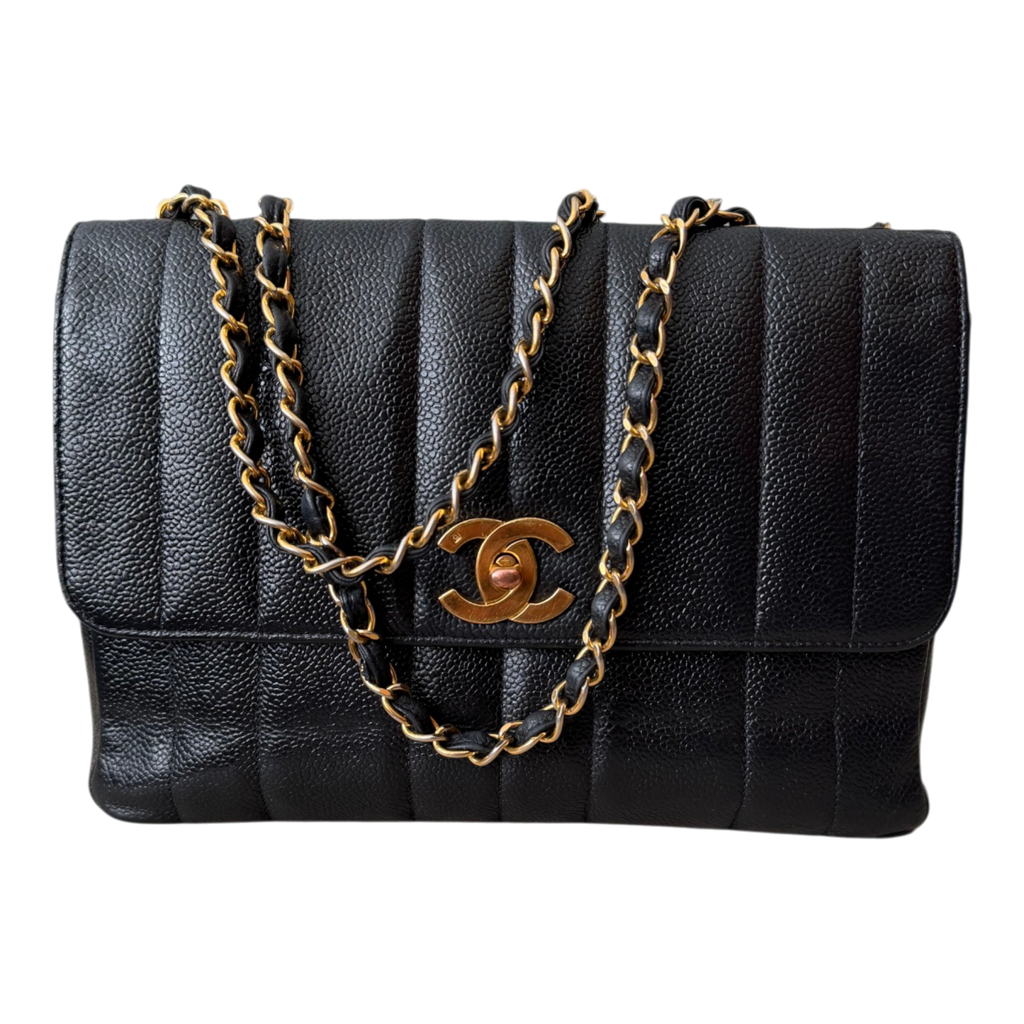 Chanel Straight Flap Mademoiselle Double Chain Bag  Black Caviar