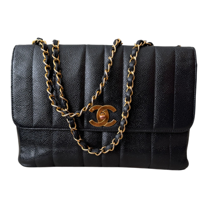 Chanel Straight Flap Mademoiselle Double Chain Bag  Black Caviar