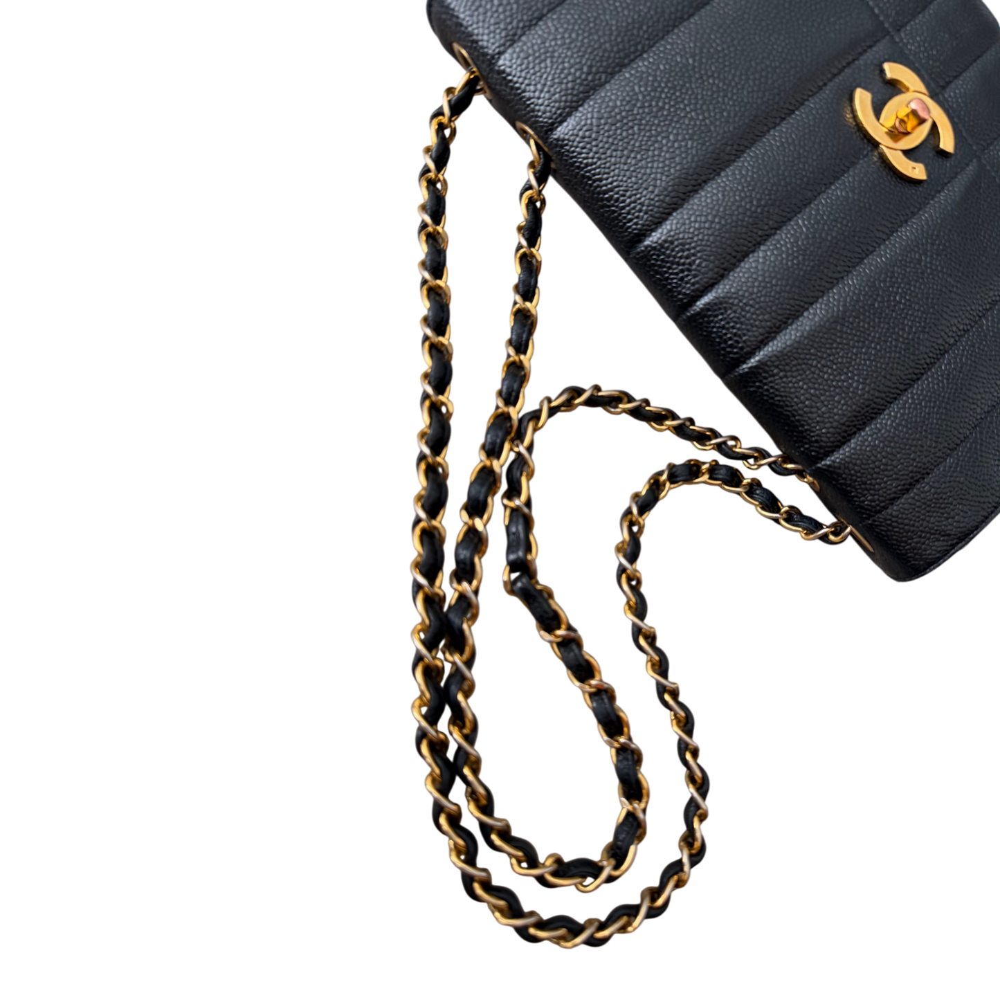 Chanel Straight Flap Mademoiselle Double Chain Bag  Black Caviar