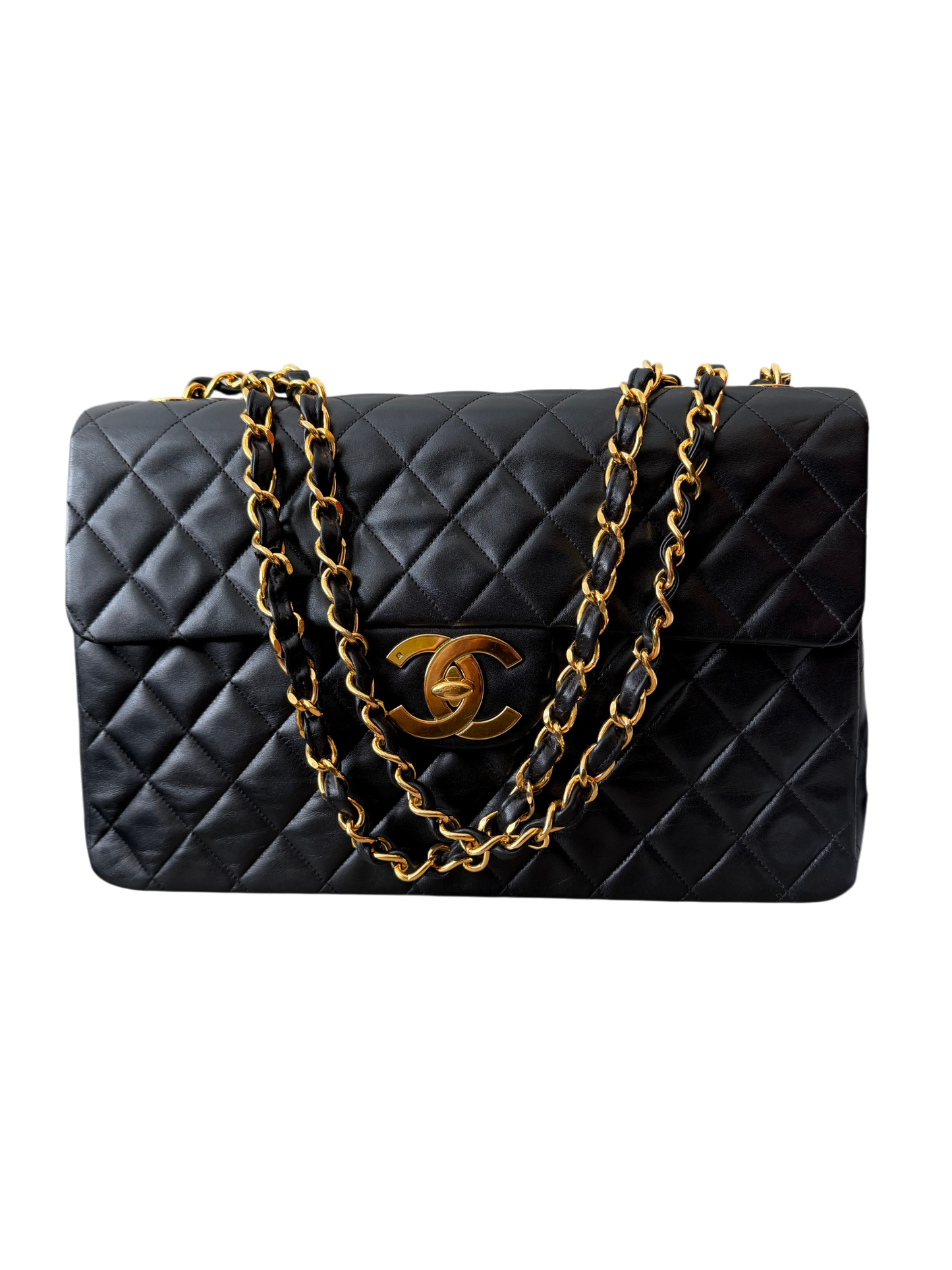 Vintage Chanel Maxi Classic Double Flap Bag Black Lambskin 24K Gold Hardware
