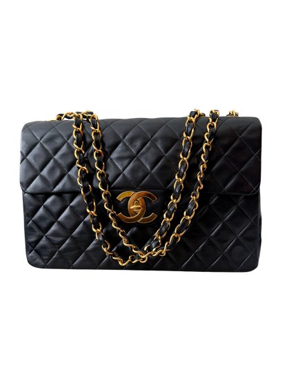 Vintage Chanel Maxi Classic Double Flap Bag Black Lambskin 24K Gold Hardware