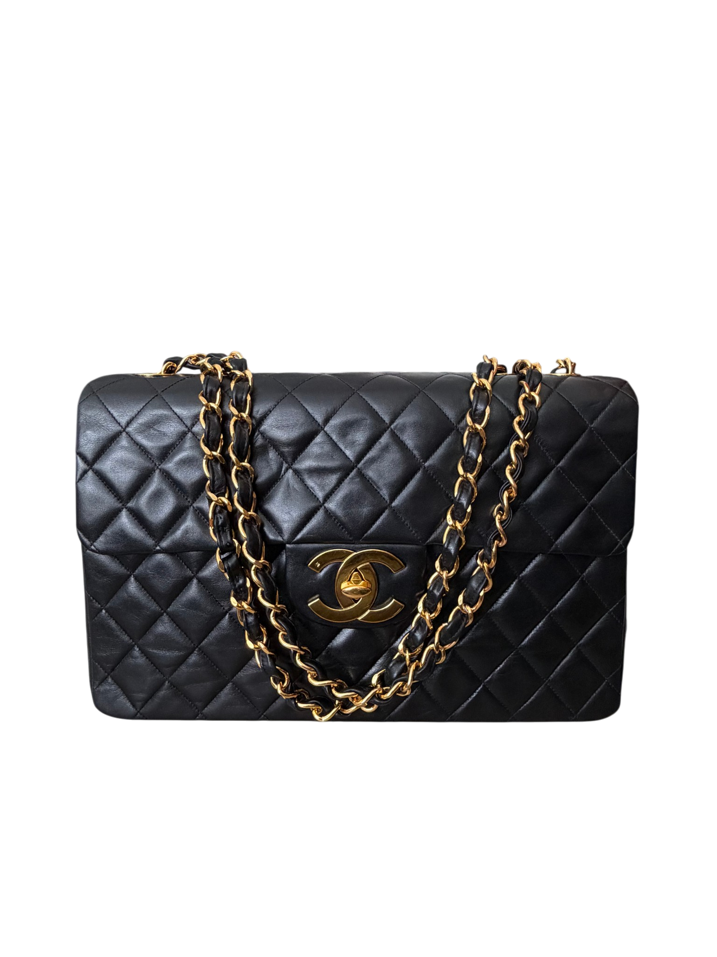 Vintage Chanel Maxi Classic Double Flap Bag Black Lambskin 24K Gold Hardware