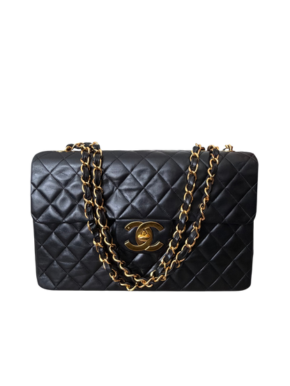 Vintage Chanel Maxi Classic Double Flap Bag Black Lambskin 24K Gold Hardware
