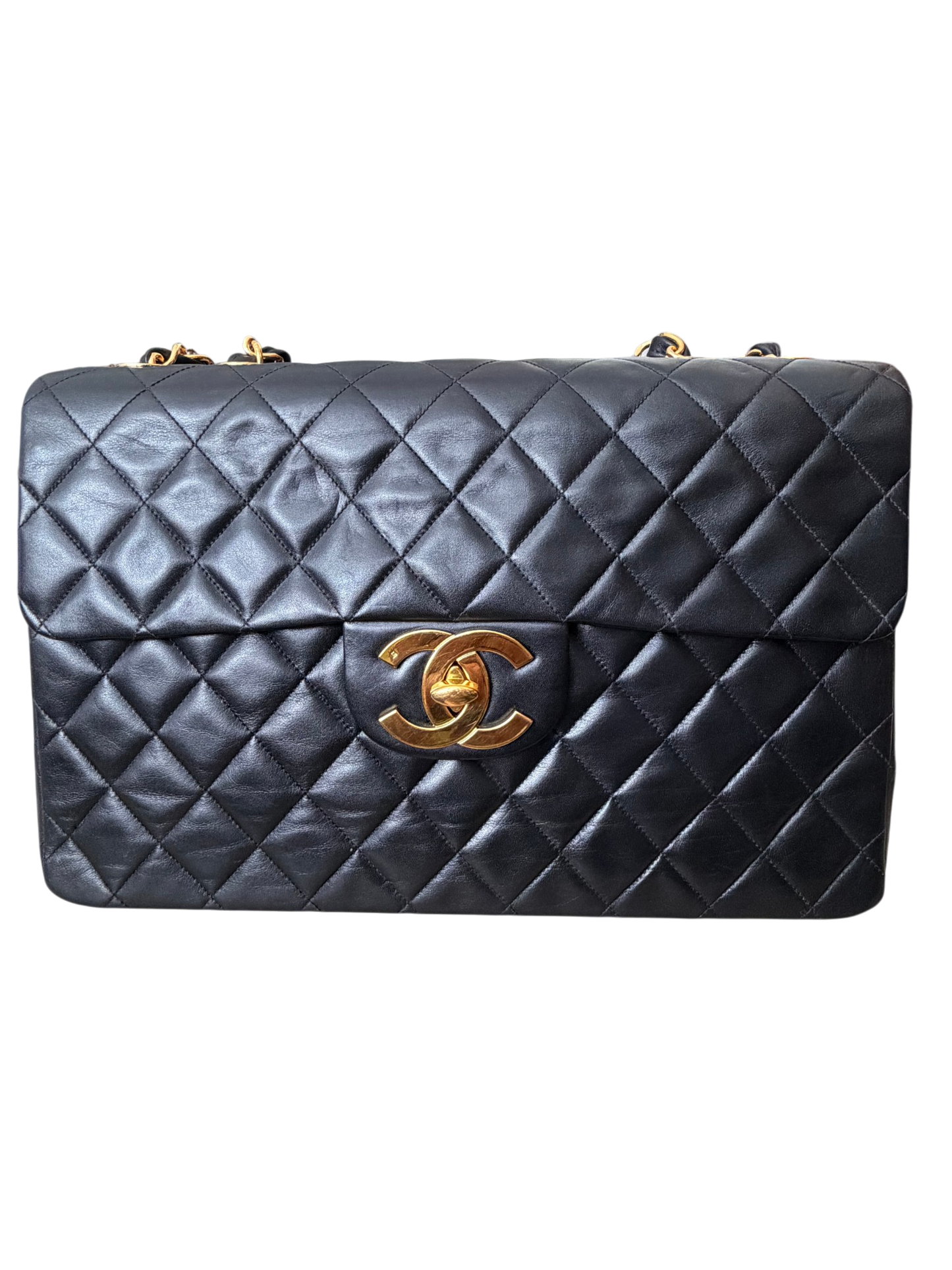 Vintage Chanel Maxi Classic Double Flap Bag Black Lambskin 24K Gold Hardware
