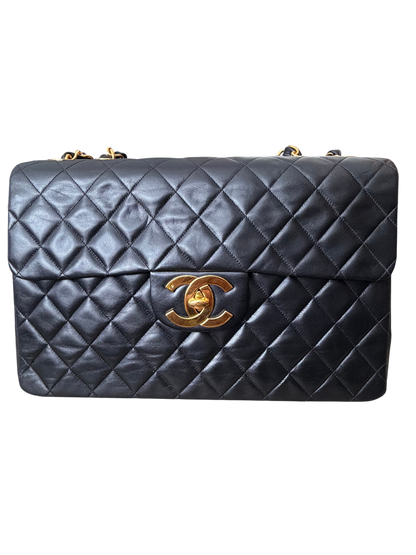 Vintage Chanel Maxi Classic Double Flap Bag Black Lambskin 24K Gold Hardware