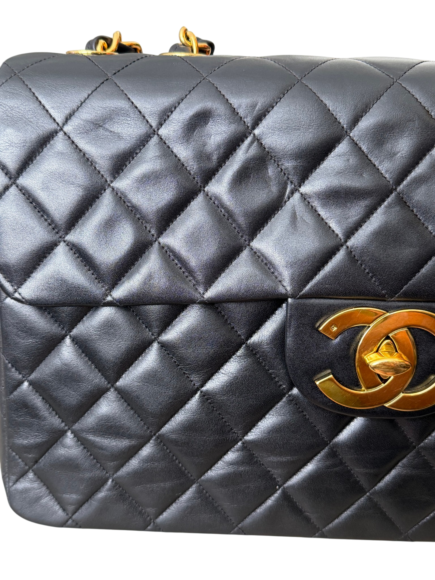 Vintage Chanel Maxi Classic Double Flap Bag Black Lambskin 24K Gold Hardware