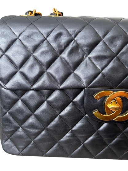 Vintage Chanel Maxi Classic Double Flap Bag Black Lambskin 24K Gold Hardware