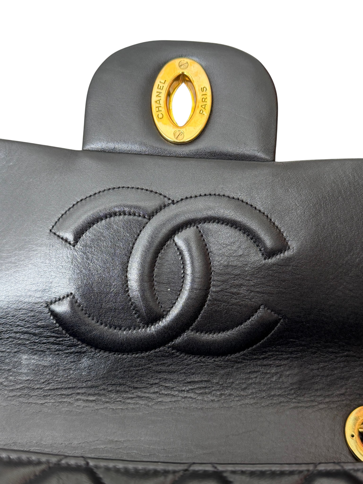 Vintage Chanel Maxi Classic Double Flap Bag Black Lambskin 24K Gold Hardware