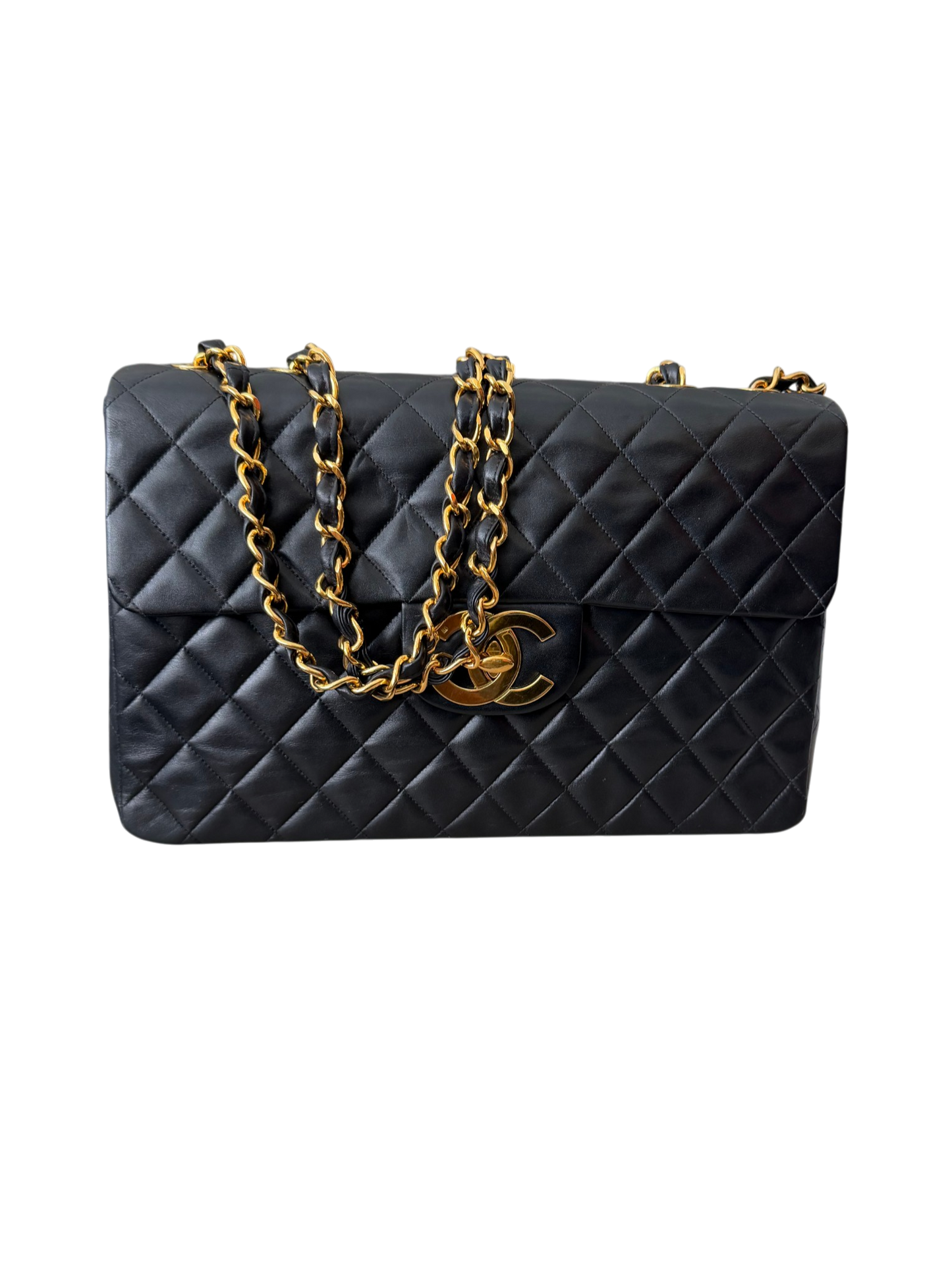 Vintage Chanel Maxi Classic Double Flap Bag Black Lambskin 24K Gold Hardware