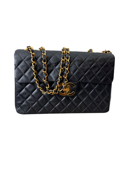 Vintage Chanel Maxi Classic Double Flap Bag Black Lambskin 24K Gold Hardware