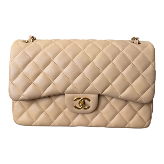 CHANEL Classic Jumbo Double Flap Bag. Beige w/Gold Hardware.