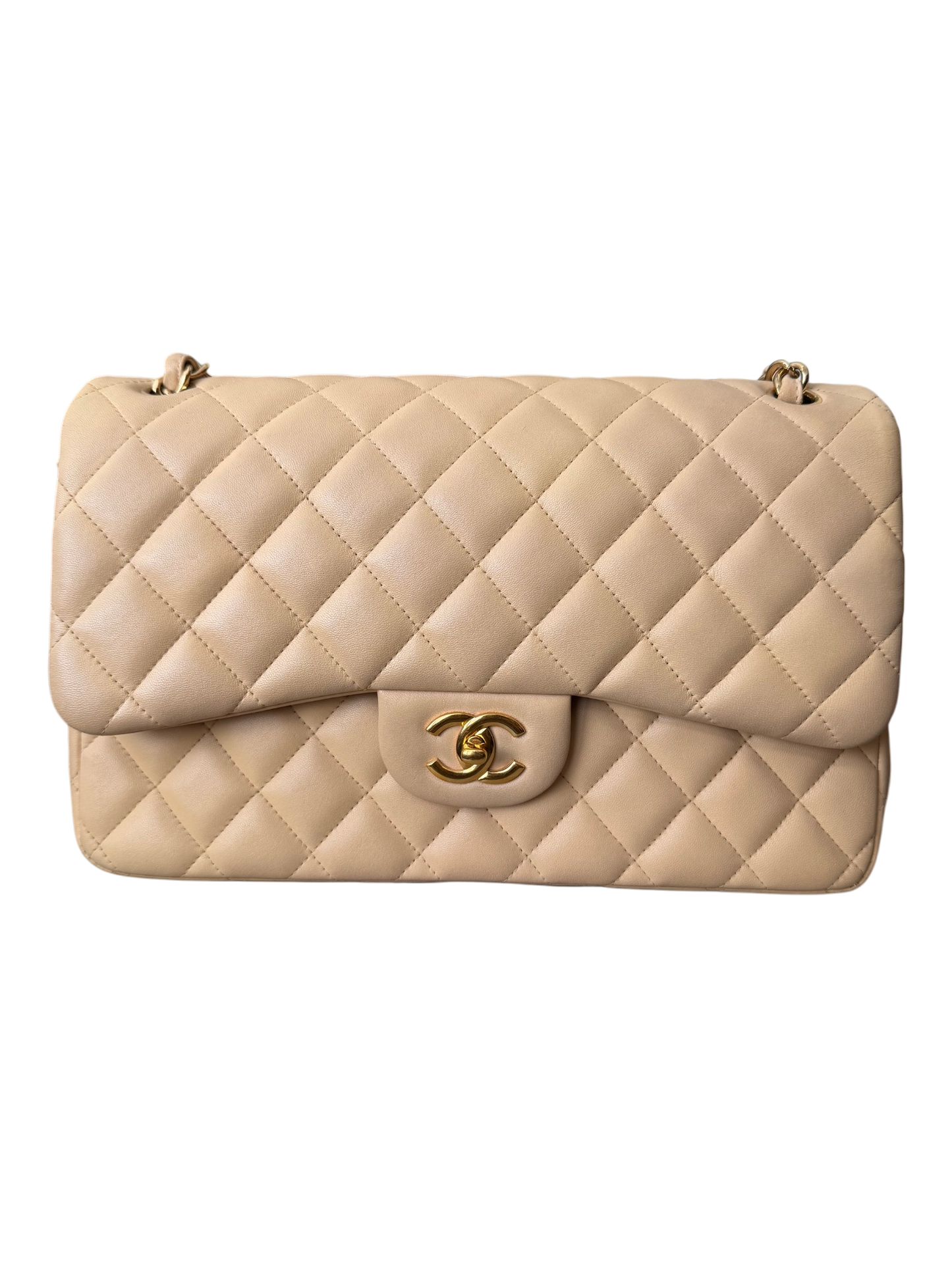 Chanel Jumbo Classic Double Flap Beige Lambskin Leather Gold Hardware