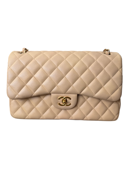 Chanel Jumbo Classic Double Flap Beige Lambskin Leather Gold Hardware