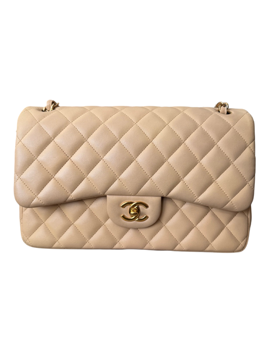 Chanel Jumbo Classic Double Flap Beige Lambskin Leather Gold Hardware