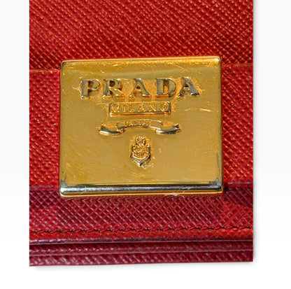 Prada Milano Red Saffiano Leather Bow Compact Wallet Card Holder Gold Logo