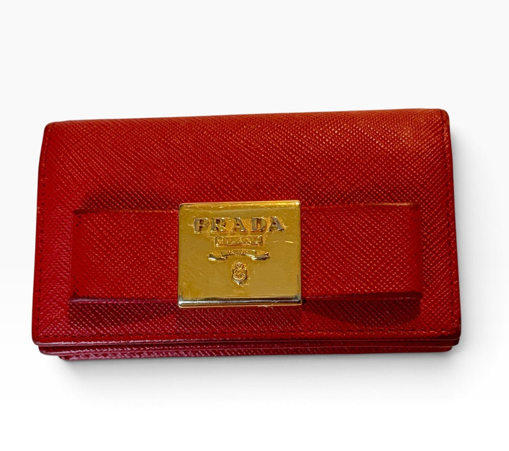 Prada Milano Red Saffiano Leather Bow Compact Wallet Card Holder Gold Logo