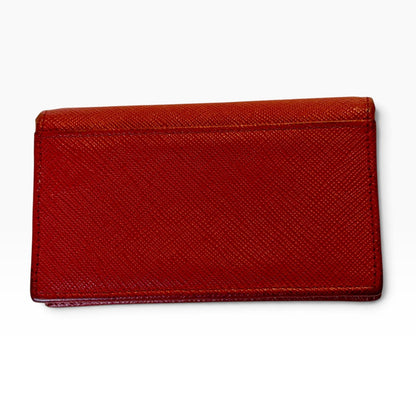 Prada Milano Red Saffiano Leather Bow Compact Wallet Card Holder Gold Logo