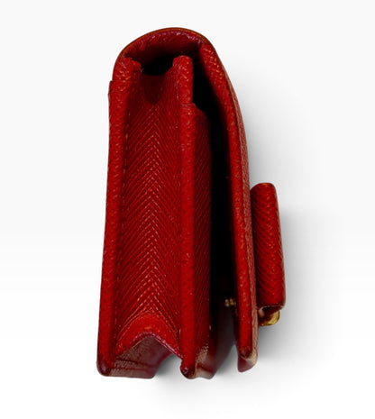 Prada Milano Red Saffiano Leather Bow Compact Wallet Card Holder Gold Logo