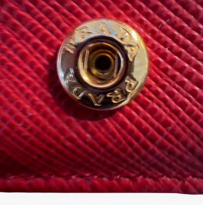 Prada Milano Red Saffiano Leather Bow Compact Wallet Card Holder Gold Logo