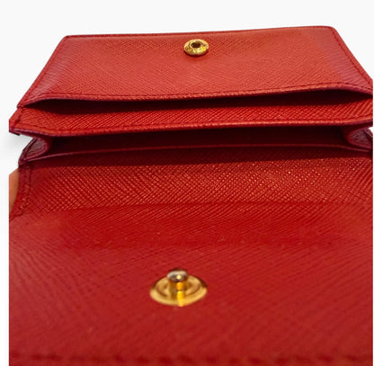 Prada Milano Red Saffiano Leather Bow Compact Wallet Card Holder Gold Logo