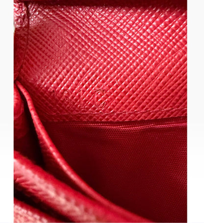Prada Milano Red Saffiano Leather Bow Compact Wallet Card Holder Gold Logo