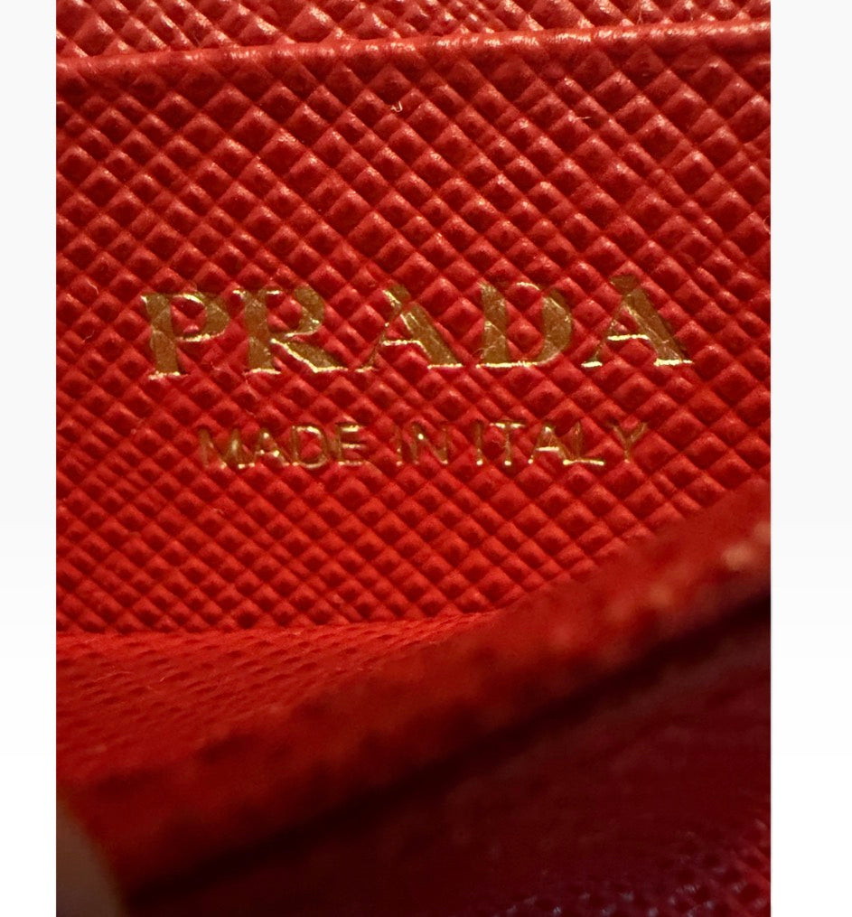 Prada Milano Red Saffiano Leather Bow Compact Wallet Card Holder Gold Logo