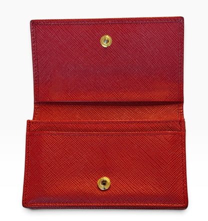 Prada Milano Red Saffiano Leather Bow Compact Wallet Card Holder Gold Logo