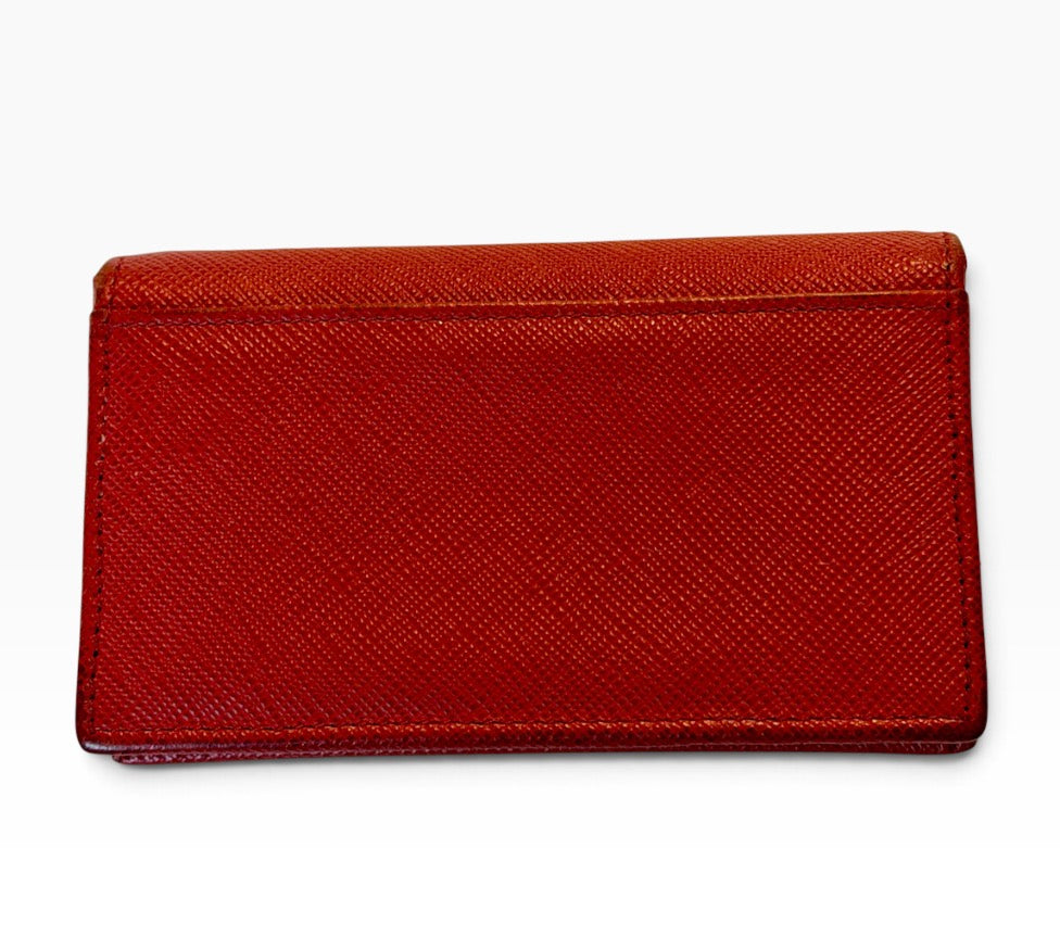 Prada Milano Red Saffiano Leather Bow Compact Wallet Card Holder Gold Logo