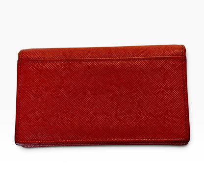Prada Milano Red Saffiano Leather Bow Compact Wallet Card Holder Gold Logo