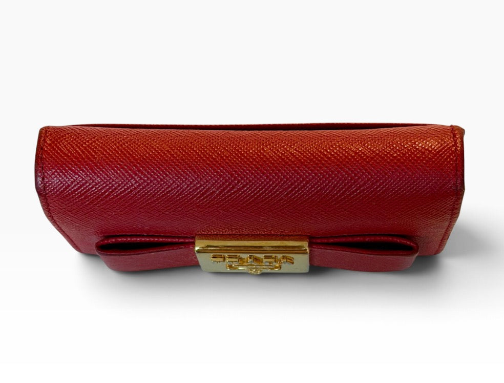 Prada Milano Red Saffiano Leather Bow Compact Wallet Card Holder Gold Logo