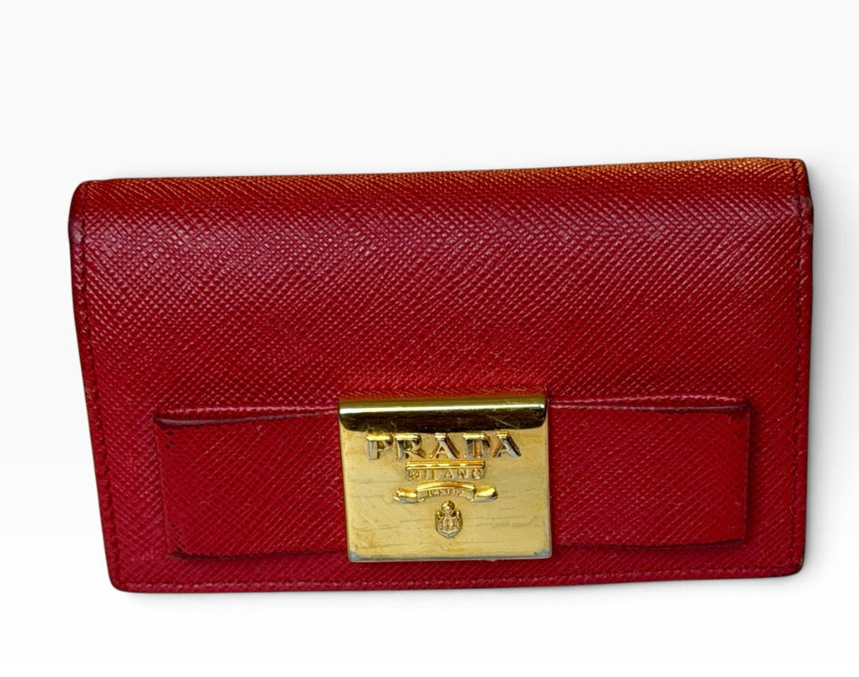 Prada Milano Red Saffiano Leather Bow Compact Wallet Card Holder Gold Logo