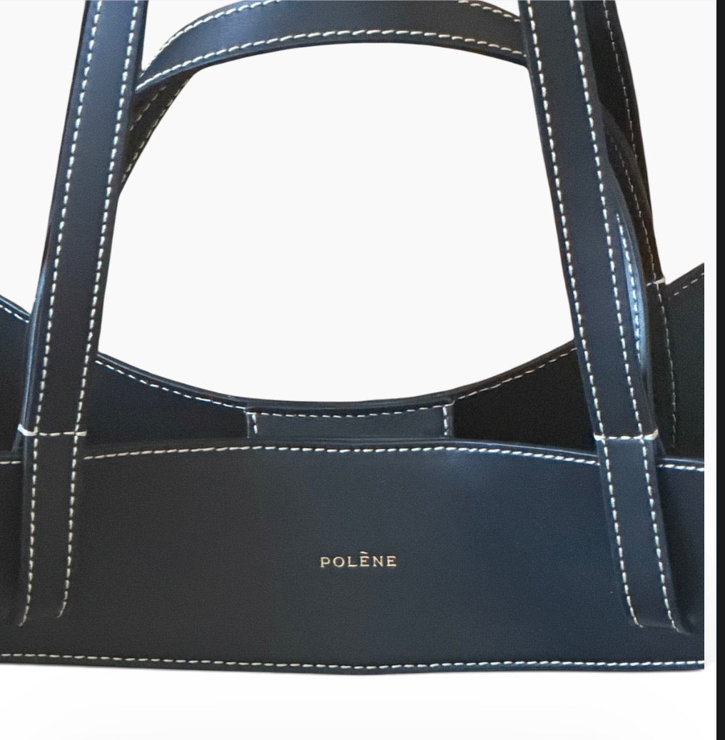 Polène Cyme Canvas Edition Ecru Cream Black Leather Trim Tote Shoulder Bag