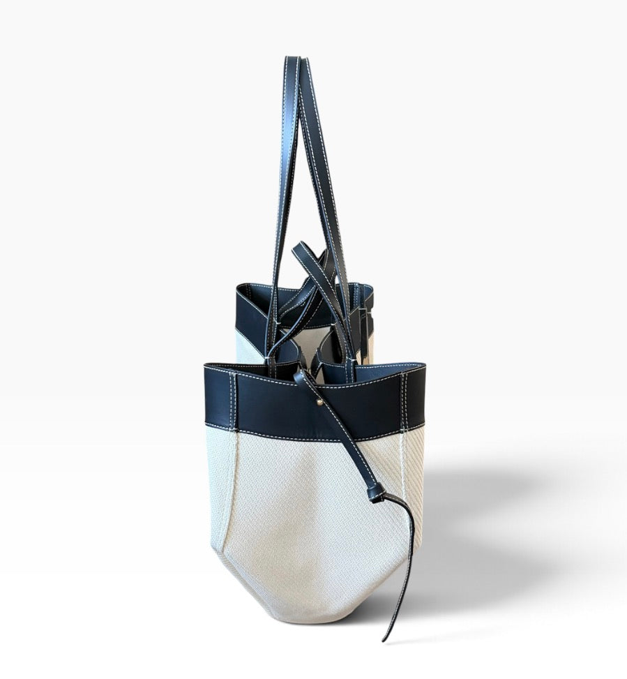 Polène Cyme Canvas Edition Ecru Cream Black Leather Trim Tote Shoulder Bag