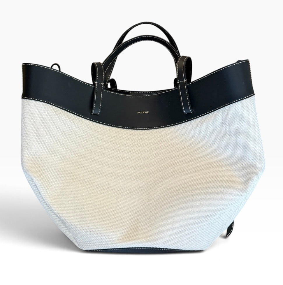 Polène Cyme Canvas Edition Ecru Cream Black Leather Trim Tote Shoulder Bag